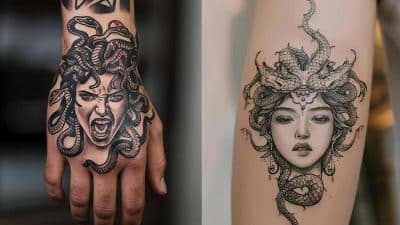 Fierce Medusa hand tattoo with snakes and elegant forearm design showing beauty and power, reflecting Medusa Tattoo Meaning.