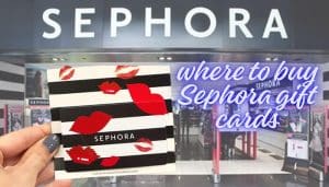 Digital Sephora gift card with ribbon, gifts, and shopping cart on pink background – a guide on where to buy Sephora gift cards.
