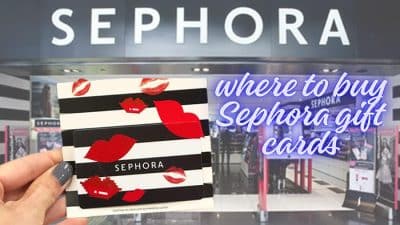 Digital Sephora gift card with ribbon, gifts, and shopping cart on pink background – a guide on where to buy Sephora gift cards.