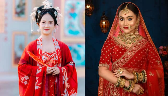 Traditional Asian and Indian women Wearing Red to a Wedding in cultural attire, showcasing bridal fashion styles.