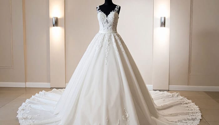 Luxurious lace-trimmed A Line Wedding Dress displayed on a mannequin with a cathedral-length train.