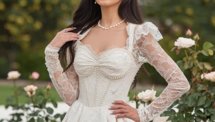 Romantic long sleeve lace A Line Wedding Dress with pearl embellishments and vintage styling.