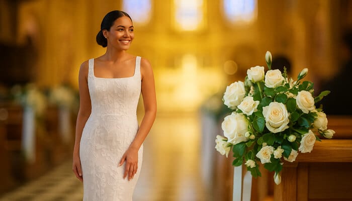 Elegant square neck A Line Wedding Dress with floral lace detailing inside a softly lit church aisle.