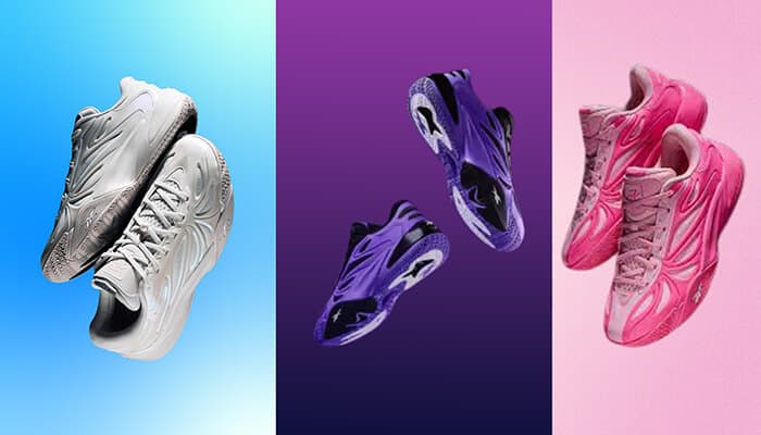 Three colorways of Angel Reese Shoes—a white pair, a purple pair, and a pink pair—displayed against gradient backgrounds for a vibrant product showcase.