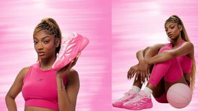 Angel Reese wearing a pink athletic outfit and featuring pink Angel Reese Shoes, posing with a basketball and holding her signature sneaker close-up.