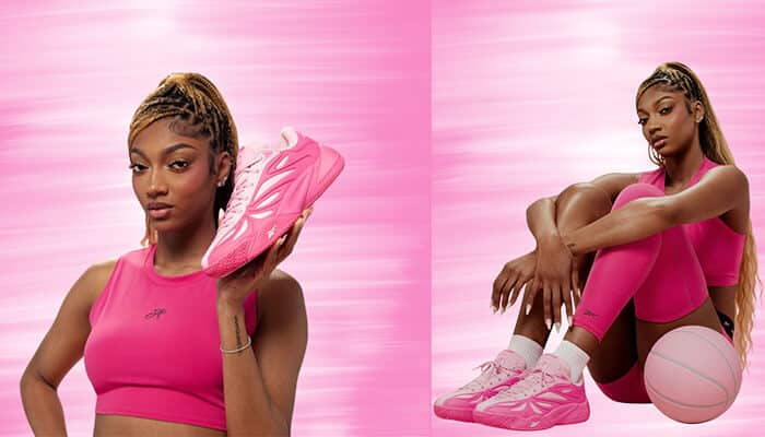 Angel Reese wearing a pink athletic outfit and featuring pink Angel Reese Shoes, posing with a basketball and holding her signature sneaker close-up.