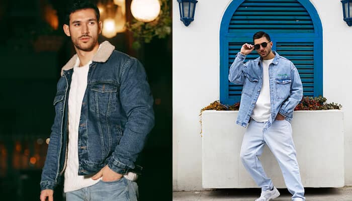 Denim Everything - Fashion in beauty - Fashion in Beauty A man wearing a classic denim jacket paired with light blue jeans and white sneakers, embodying a casual yet stylish Y2K fashion look.