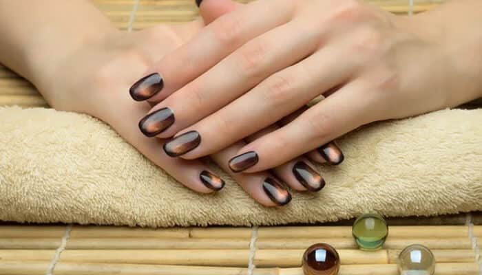 Halo or Velvet Effect - Fashion in beauty - Fashion in Beauty Halo or Velvet Effect cat eye nails with a stunning brown gradient, demonstrating how to do cat eye nails for a luxurious and unique look.