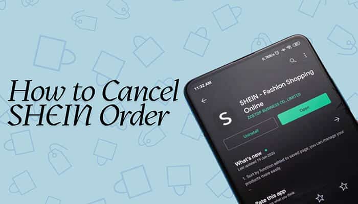 Smartphone screen displaying the SHEIN app with the words 'How to Cancel SHEIN Order' on a light blue background, symbolizing the process of canceling an order.