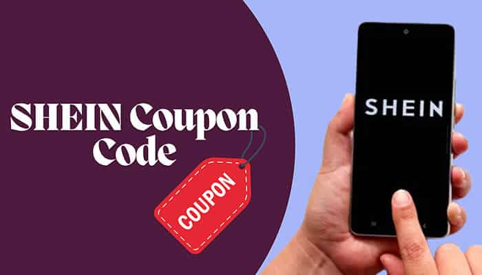 Hand holding a smartphone displaying the Shein logo, next to a coupon tag with 'Shein coupon code' for Shein deals.