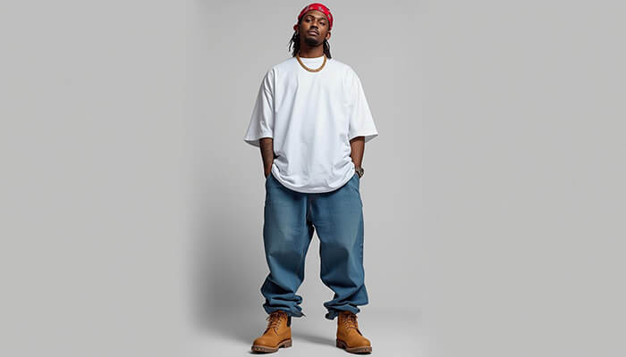 Urban Hip-Hop Y2K - Fashion in beauty - Fashion in Beauty A young man in a white oversized t-shirt, baggy denim jeans, and Timberland boots, accessorized with a red bandana, showcasing a bold Y2K fashion style.