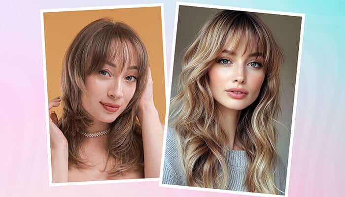 Wispy Curtain Bangs - Fashion in beauty - Fashion in Beauty How to cut curtain bangs demonstrated on two models with wispy curtain bangs, showing soft, airy bangs that frame the face.