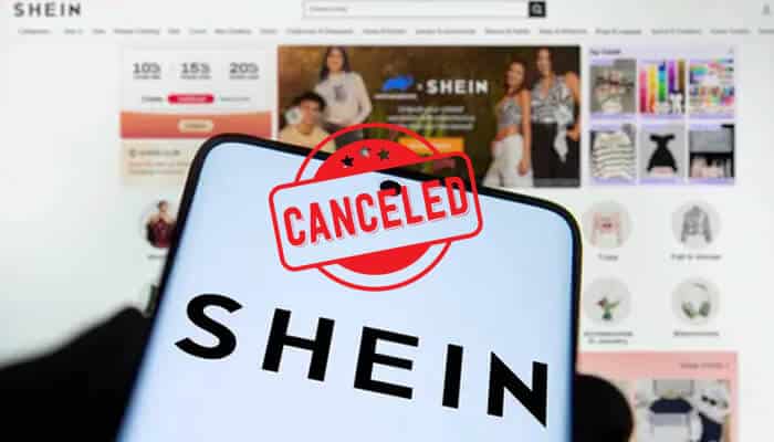 A phone with the SHEIN logo on its screen and a red 'CANCELED' stamp over it, representing a canceled SHEIN order.