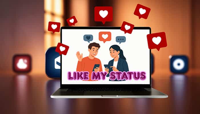 Like My status - Fashion in beauty - Fashion in Beauty LMS Meaning Text illustrated with people using smartphones, social media likes, and ‘like my status’ message
