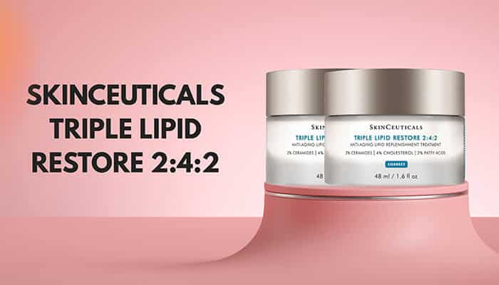 SkinCeuticals Triple Lipid Restore 2:4:2 - Fashion in beauty - Fashion in Beauty SkinCeuticals Triple Lipid Restore 2:4:2 cream displayed on a pink background, one of the best face moisturizers for dry skin that restores skin barrier and hydration.