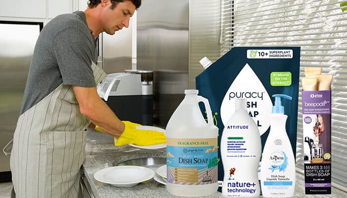 Top Plant Based Dish Soap Brands - Fashion in beauty - Fashion in Beauty Man washing dishes in the kitchen, surrounded by various plant-based dish soaps like Puracy, Attitude, and Aspen, highlighting eco-friendly dishwashing solutions.