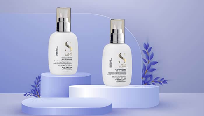 Alfaparf Milano Semi di Lino Diamond All-in-1 Fluid - Fashion in beauty - Fashion in Beauty Luxury hair serum and heat protection bottles styled on modern podiums, highlighting advanced formulas that qualify as a Best Heat Protectant Spray for smooth styling.