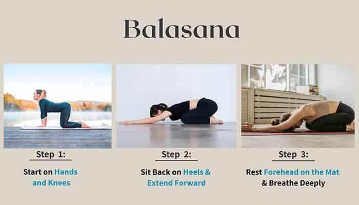 Balasana - Fashion in beauty - Fashion in Beauty Balasana: Best yoga poses for back pain: Step-by-step guide for practicing Balasana, including starting on hands and knees, sitting back on heels, and resting the forehead on the mat while breathing deeply.