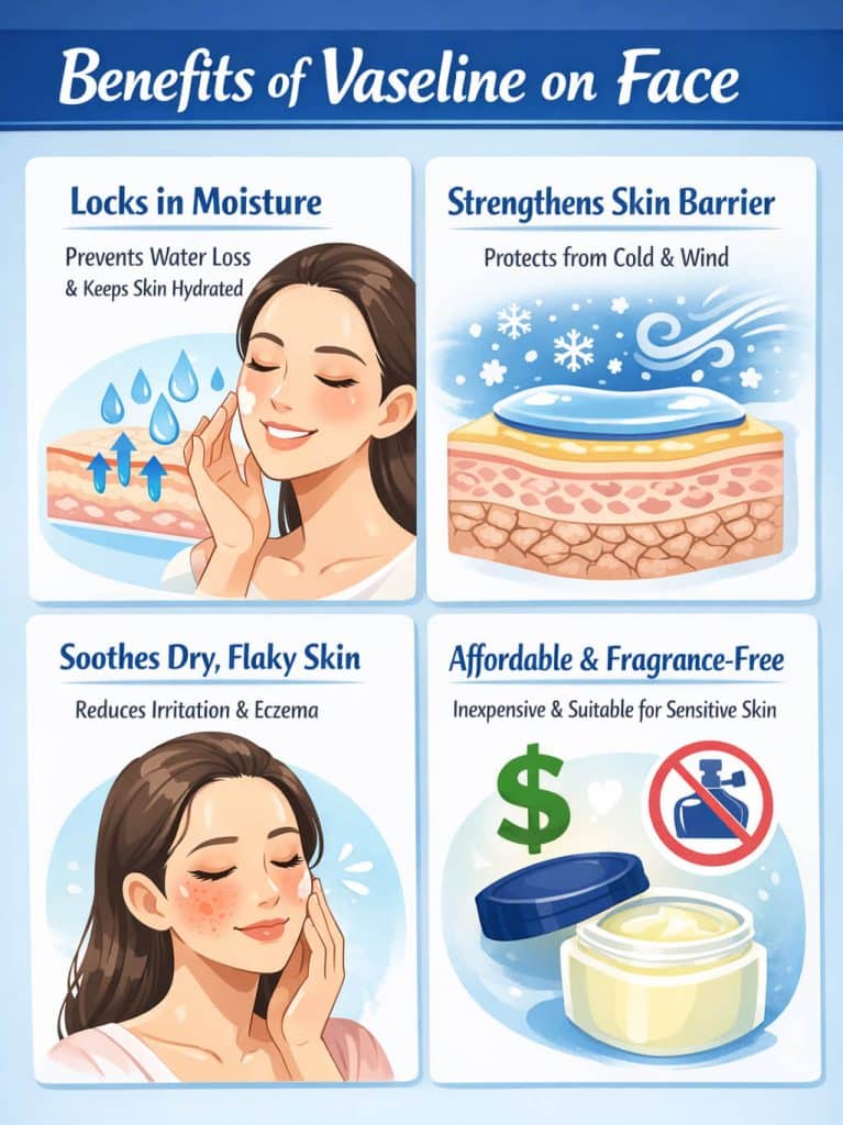 Benefits of Vaseline on Face - Fashion in beauty - Fashion in Beauty Infographic illustrating the benefits of Vaseline on the face, showing how it locks in moisture, strengthens the skin barrier, soothes dry and flaky skin, and is affordable and fragrance-free – explaining why Vaseline is good for your face.