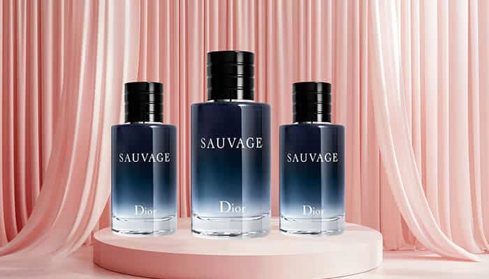 Dior Sauvage Eau de Toilette - Fashion in beauty - Fashion in Beauty Best Fragrances collection showing Dior Sauvage bottles displayed on a modern pink stage backdrop.