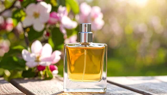 How Weather Impacts Fragrance Performance - Fashion in beauty - Fashion in Beauty Best Fragrances perfume bottle with golden liquid placed on a wooden surface, surrounded by blooming pink flowers in natural sunlight.