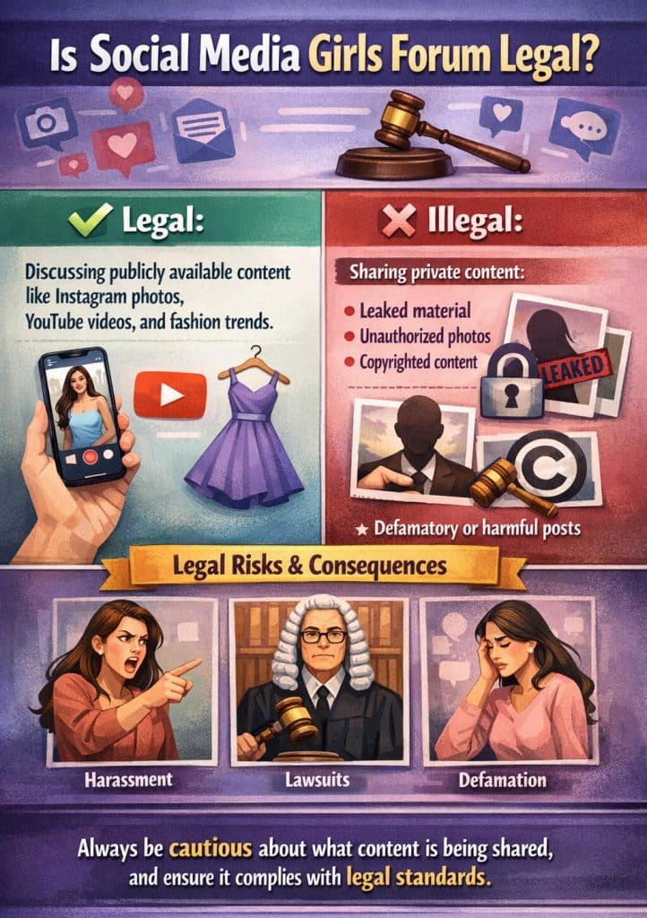 Is Social Media Girls Forum Legal - Fashion in beauty - Fashion in Beauty The image explains the legality of sharing social media content, noting that discussing publicly available material is legal, while sharing private or unauthorized content is illegal. It highlights legal risks like harassment, lawsuits, and defamation.