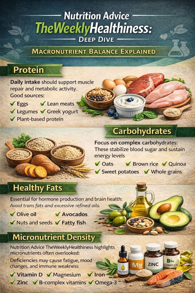 Nutrition Advice TheWeeklyHealthiness - Fashion in beauty - Fashion in Beauty Infographic titled Nutrition Advice TheWeeklyHealthiness Deep Dive showing macronutrient balance, protein sources, complex carbohydrates, healthy fats, and micronutrient density as part of Advice TheWeeklyHealthiness guide.