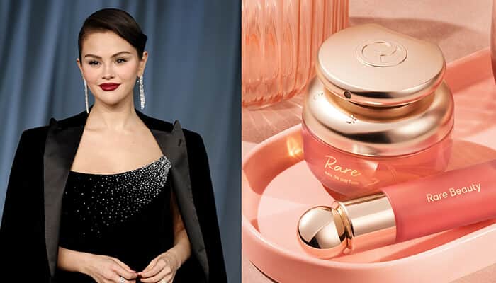 Rare Beauty Selena Gomez - Fashion in beauty - Fashion in Beauty Selena Gomez at an event next to Rare Beauty products, showcasing one of the leading Celebrity Beauty Brands.