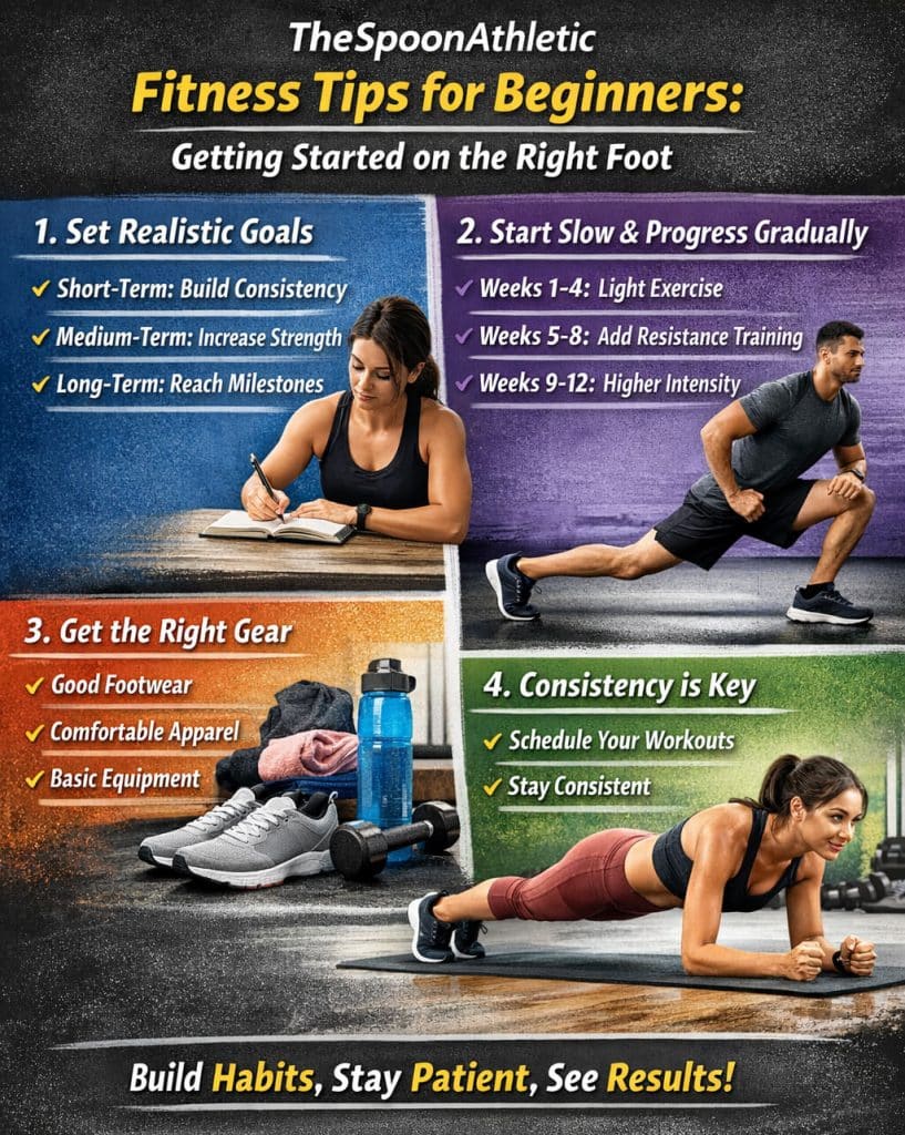 TheSpoonAthletic Fitness Tips for Beginners - Fashion in beauty - Fashion in Beauty TheSpoonAthletic Fitness Tips infographic for beginners showing goal setting, gradual workout progression, proper fitness gear, and consistency, with images of a woman planning workouts, a man stretching, gym equipment, and a woman doing a plank exercise.