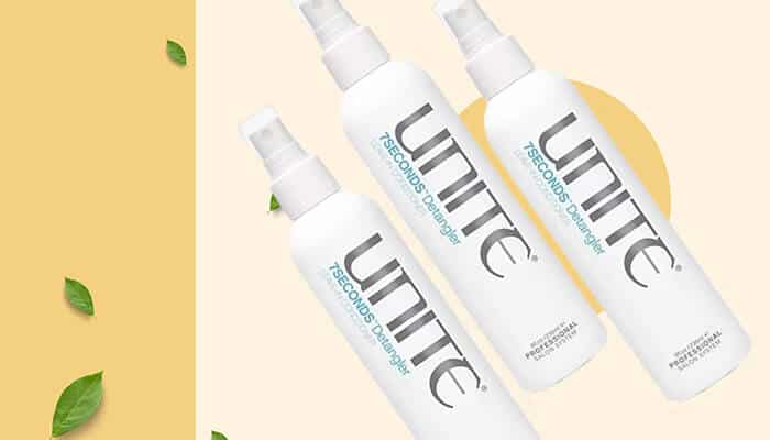 Unite Hair 7Seconds Detangler Leave-In Conditioner - Fashion in beauty - Fashion in Beauty Unite 7Seconds leave-in sprays arranged on a bright backdrop, offering detangling and heat defense, promoted as a Best Heat Protectant Spray for all hair types.