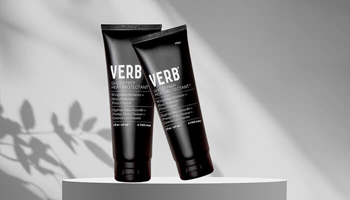 Verb Ghost Primer Heat Protectant - Fashion in beauty - Fashion in Beauty VERB Ghost Prep heat protectant creams displayed on a minimal pedestal, delivering lightweight thermal protection and frizz control as a Best Heat Protectant Spray alternative.