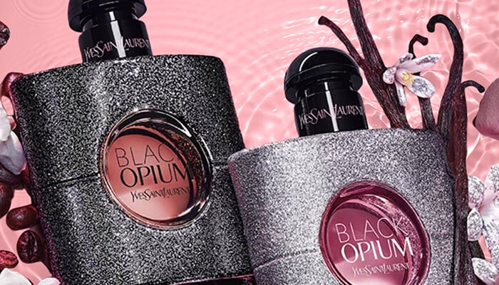 Yves Saint Laurent Black Opium - Fashion in beauty - Fashion in Beauty Best Fragrances featuring Yves Saint Laurent Black Opium perfume bottles with glitter finish and vanilla accents.