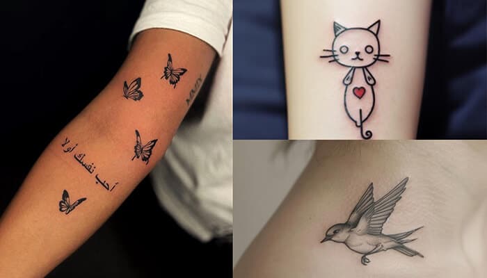 Animals in Minimalist Style - Fashion in beauty - Fashion in Beauty Charming animal-inspired tattoos including butterflies, a cute cat with a heart, and a bird, all in a dainty and minimalist design style.