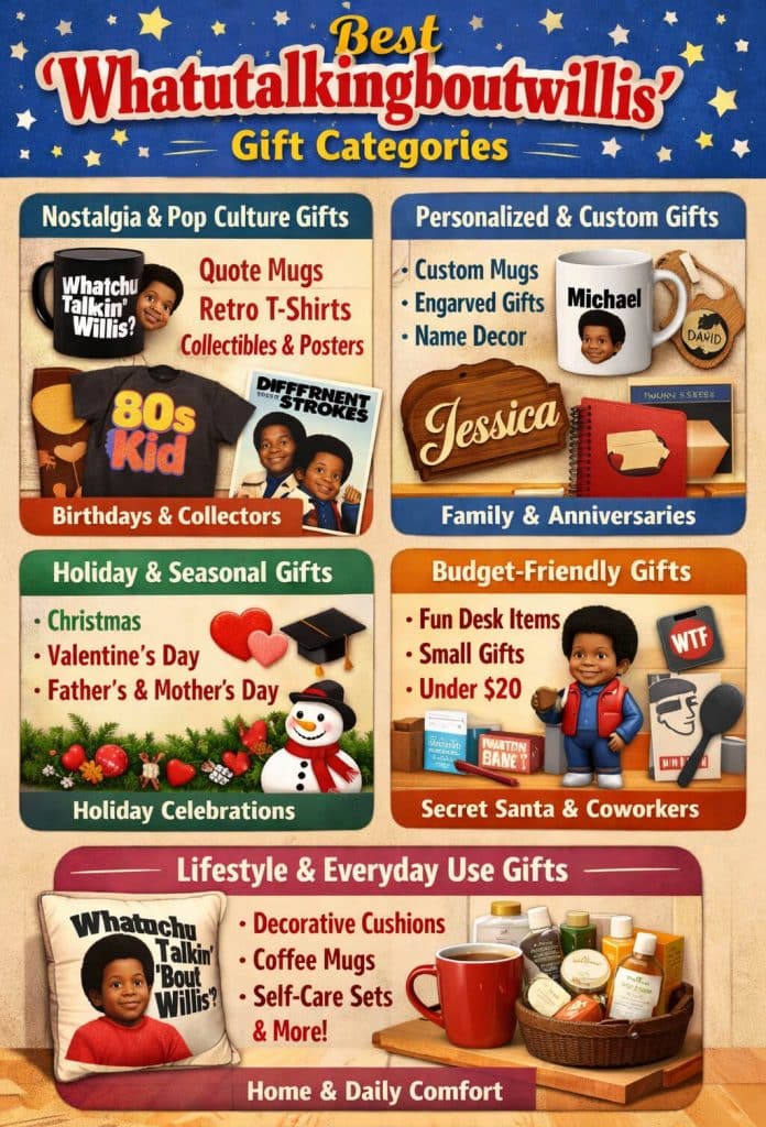 Best Whatutalkingboutwillis Gift Categories - Fashion in beauty - Fashion in Beauty Infographic showcasing the best Whatutalkingboutwillis Gift categories, including nostalgia and pop culture gifts, personalized and custom gifts, holiday and seasonal gifts, budget-friendly options, lifestyle and everyday use gifts, and home & daily comfort items.
