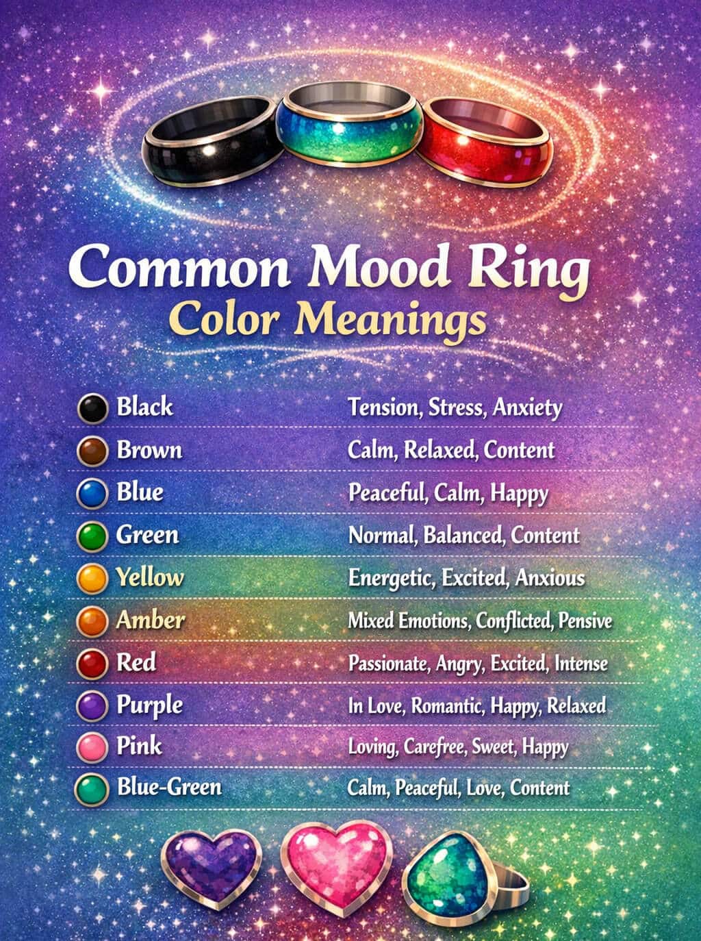 Common Mood Ring Color Meanings - Fashion in beauty - Fashion in Beauty Colorful chart titled Common Mood Ring Color Meanings displaying various mood ring colors and their associated emotions, such as black for tension, brown for calm, blue for peaceful, green for balanced, yellow for energetic, red for passionate, purple for in love, and pink for loving