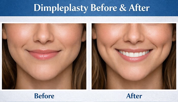 Dimpleplasty Before and After Results - Fashion in beauty - Fashion in Beauty Before and after dimpleplasty procedure showing a woman's smooth cheeks (before) and natural, well-defined dimples (after), highlighting the transformation achieved through the cosmetic surgery.