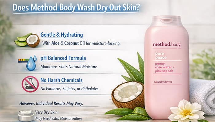 Does Method Body Wash Dry Out Skin - Fashion in beauty - Fashion in Beauty Does Method Body Wash Dry Out Skin – informational skincare graphic showing Method body wash (Pure Peace variant) with claims of gentle and hydrating formula, aloe and coconut oil moisture support, pH balanced formula, and no harsh chemicals, alongside notes that very dry skin may require extra moisturization.