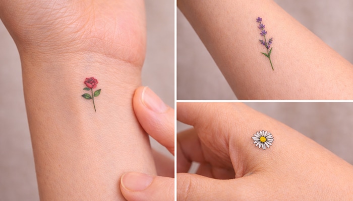 Floral Details - Fashion in Beauty - Fashion in Beauty Tiny, detailed floral tattoos featuring a red rose, purple lavender, and a daisy on the arm, capturing the essence of dainty floral ink with soft color accents.
