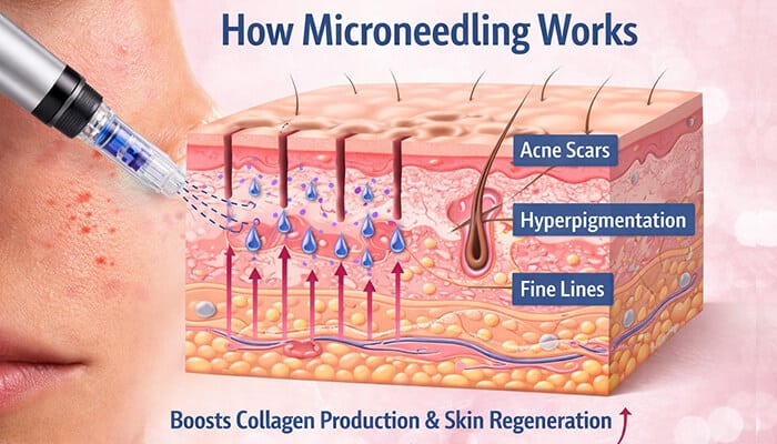 How Microneedling Works - Fashion in beauty - Fashion in Beauty How Long After Microneedling Can I Wear Makeup? - Illustration showing the microneedling process, targeting acne scars, hyperpigmentation, and fine lines, boosting collagen production and skin regeneration.