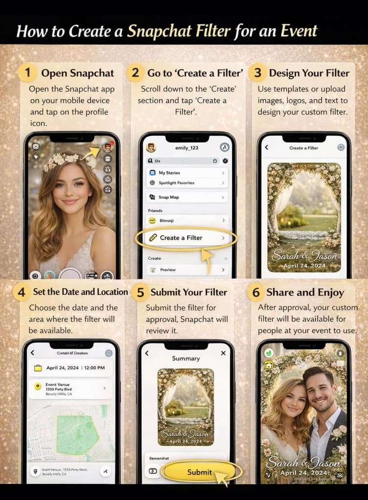 How to Create a Snapchat Filter for an Event - Fashion in Beauty - Fashion in Beauty Step-by-step guide on how to create a Snapchat filter for an event, showing instructions from opening Snapchat to submitting and sharing a custom filter for a wedding.