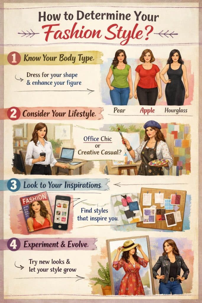 How to Determine Your Fashion Style - Fashion in beauty - Fashion in Beauty Infographic explaining “Which Fashion Style Am I LWSpeakFashion” showing steps to determine your fashion style including body type, lifestyle choices, style inspiration, and experimenting with outfits.