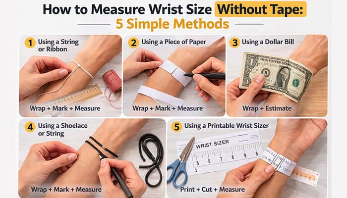 How to Measure Wrist Size Without Tape 5 Simple Methods - Fashion in beauty - Fashion in Beauty Step-by-step guide on how to measure wrist size without tape using 5 simple methods: string, paper, dollar bill, shoelace, and printable wrist sizer.