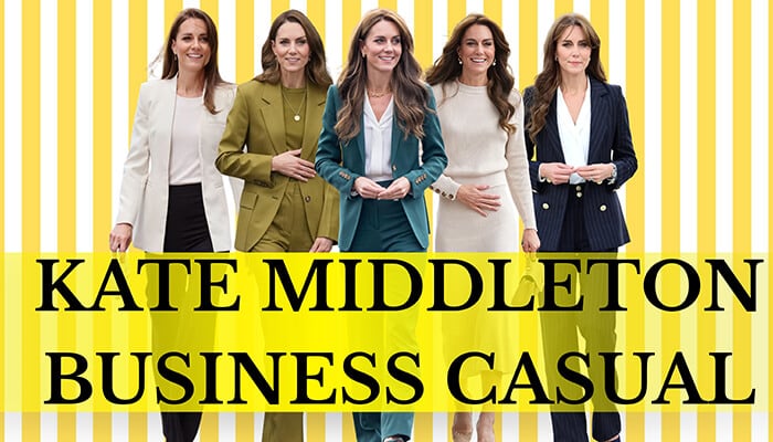 Kate Middleton Business Casual - Fashion in beauty - Fashion in Beauty Kate Middleton in various business casual outfits, showcasing her classic and elegant fashion style. The text'Kate Middleton Business Casual' overlaid, answering Kate Middleton Is Known for Which Fashion Style with her timeless fashion.