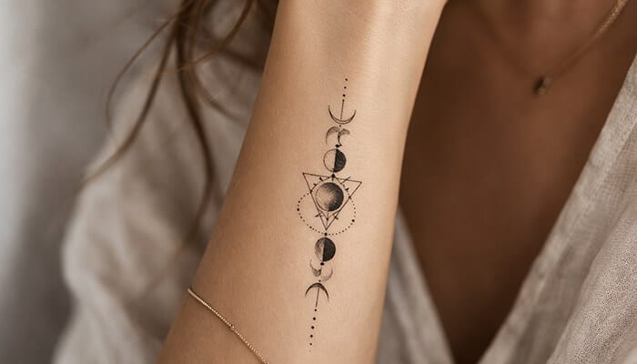 Minimalist Geometry - Fashion in beauty - Fashion in Beauty Intricate celestial tattoo design featuring a series of crescent moons and geometric elements, highlighting the beauty of dainty, symbolic tattoos.