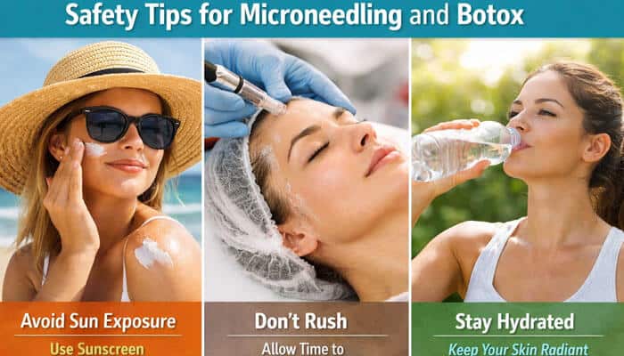 Safety Tips for Microneedling and Botox - Fashion In Beauty - Fashion in Beauty Can You Do Microneedling After Botox? This informative image highlights essential safety tips for combining microneedling and Botox. It includes recommendations such as avoiding sun exposure, giving time for recovery between treatments, and staying hydrated to maintain radiant skin. Following these guidelines ensures safe and effective results when combining both procedures for skin rejuvenation.