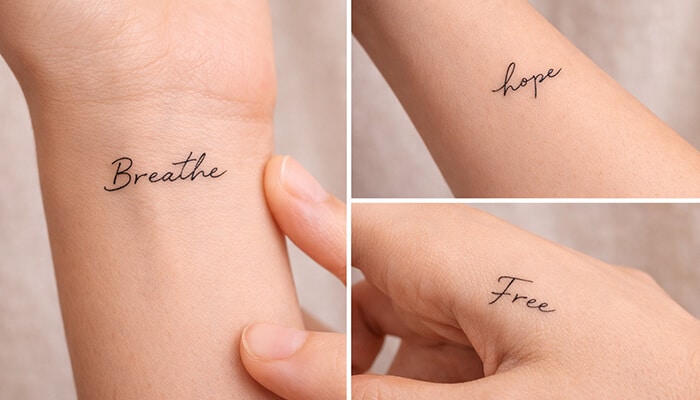 Script Words - Fashion in beauty - Fashion in Beauty Elegant wrist tattoos with cursive words'Breathe,' 'Hope,' and 'Free,' showcasing dainty, fine-line script tattoos perfect for minimalistic tattoo lovers.