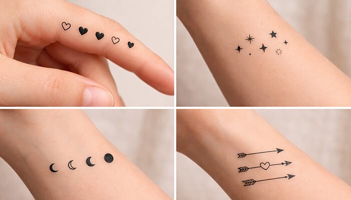 Tiny Symbols - Fashion in beauty - Fashion in Beauty Delicate finger tattoos featuring dainty heart and star designs, showcasing small minimalist shapes and fine line artwork for a subtle aesthetic.