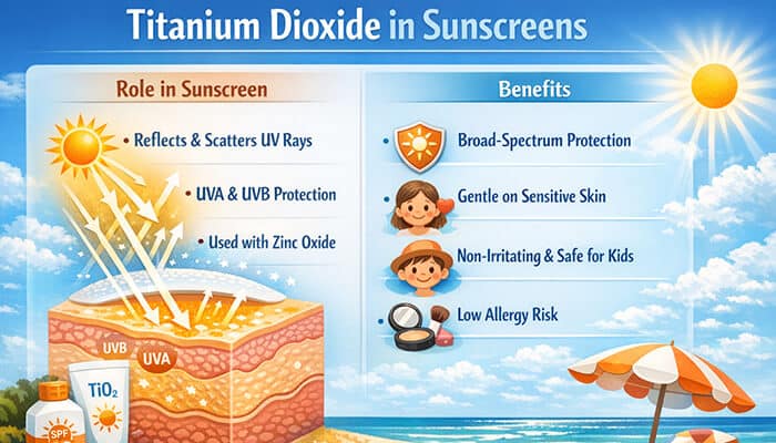 Why Titanium Dioxide Is Used in Sunscreens - Fashion in beauty - Fashion in Beauty Infographic showing why Mitacium Dizovid is used in sunscreens, highlighting titanium dioxide's role in blocking UVA/UVB rays, offering broad-spectrum protection, and being gentle on sensitive skin.