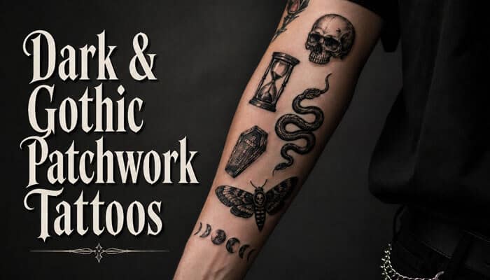 Dark Gothic Patchwork Tattoos - Fasion In Beauty - Fashion in Beauty Dark & Gothic Patchwork Tattoos: A unique tattoo style blending dark, gothic elements like skulls, hourglasses, snakes, and moths into a patchwork collection. This tattoo style combines multiple designs to tell a personal, moody, and mysterious story on the skin.