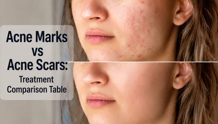 Acne Marks vs Acne Scars: Treatment Comparison Table - Fashion In Beauty - Fashion in Beauty Acne Marks vs Acne Scars treatment comparison table showing post-acne redness, dark spots, and smoother skin after targeted skincare treatment.